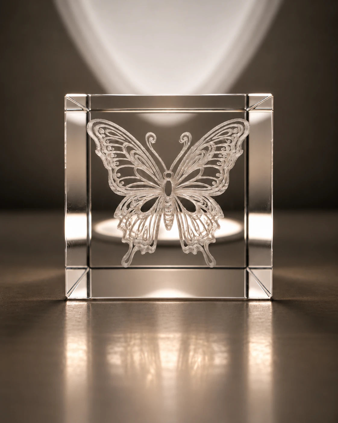 A butterfly revealed inside the crystal cube when viewed from its other face