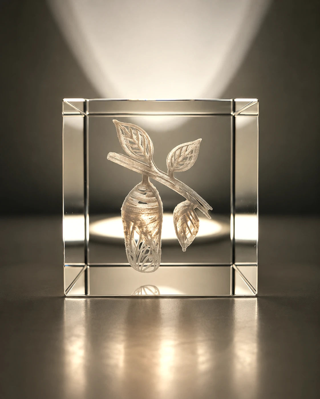 Cocoon and leaves engraved inside an illuminated crystal cube